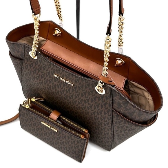Michael Kors Large Jet Set Travel Chain Shoulder Bag & Double Zip Wallet Brown - Picture 11 of 14